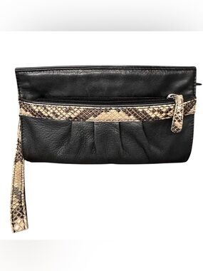 ili New York Genuine Leather Wristlet Clutch Snakeskin Trim Black